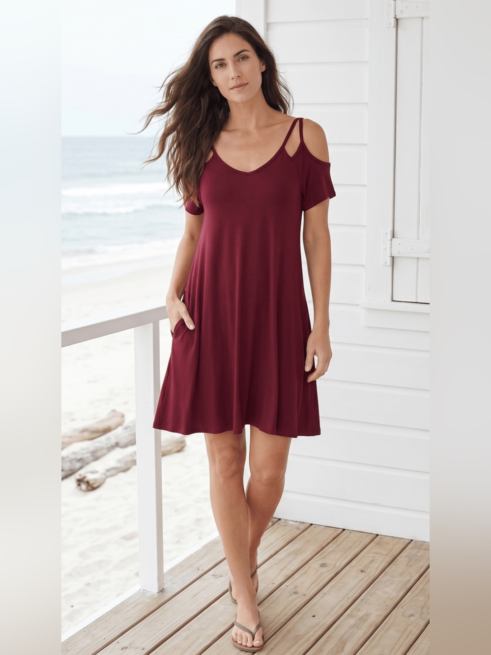 Vanity Cold Shoulder Dress w/pockets-Merlot